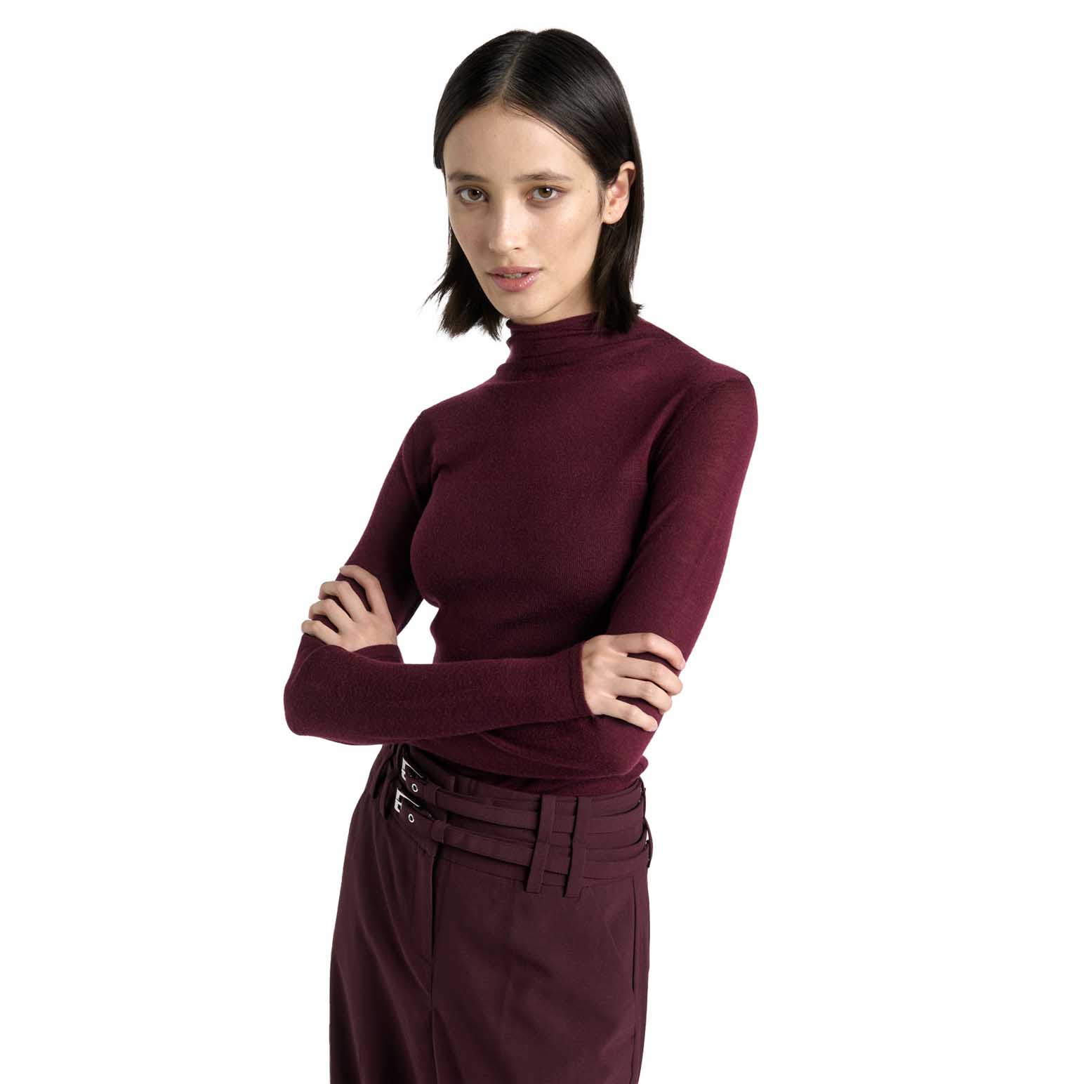 Cue Wine Solid and Sheer Merino Blend Knit